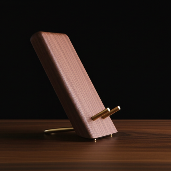 Oakstead walnut phone stand with brass support on dark desk