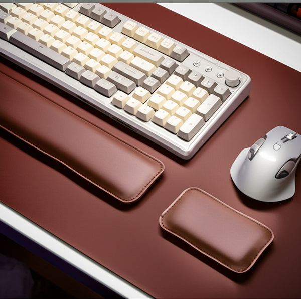 Oakstead desk mat set in use with keyboard and mouse on dark desk