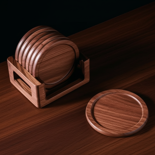 Oakstead walnut coaster set in holder with single coaster displayed