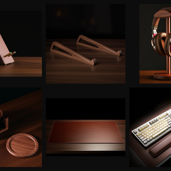 Oakstead Complete Desk Setup bundle showing all six premium desk accessories