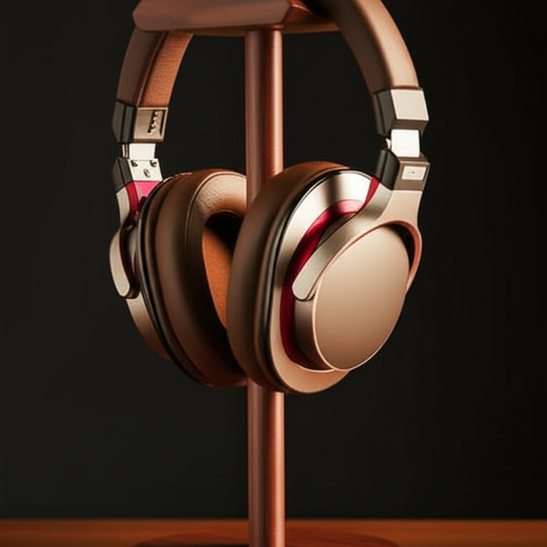 Oakstead rosewood headphone stand with premium over-ear headphones