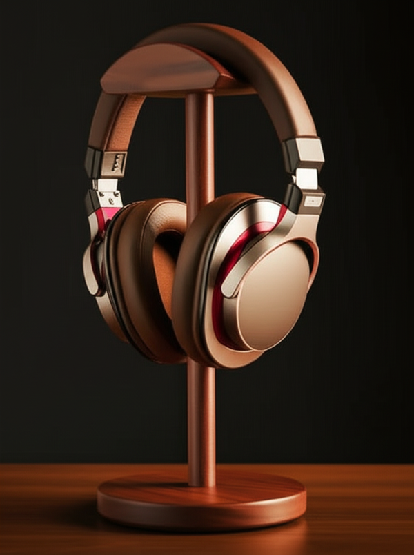Oakstead rosewood headphone stand with premium over-ear headphones