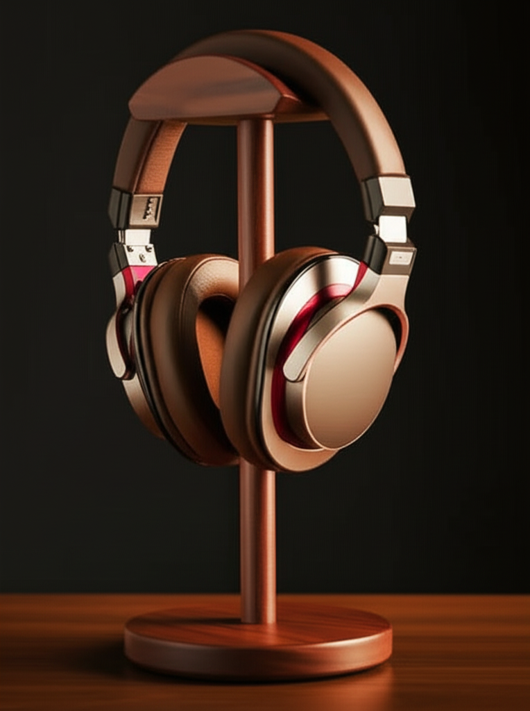 Oakstead rosewood headphone stand with premium over-ear headphones