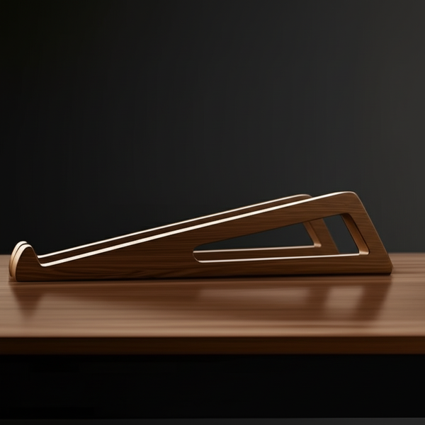Oakstead walnut laptop stand side angle showing triangular cutouts